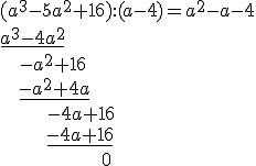 (a^3-5a^2+16):(a-4)=a^2-a-4\\ \underline{a^3-4a^2}\\ \ \ \ -a^2+16\\ \ \ \ \underline{-a^2+4a} \\ \ \ \ \ \ \ \ \ -4a+16\\ \ \ \ \ \ \ \ \ \underline{-4a+16}\\ \ \ \ \ \ \ \ \ \ \ \ \ \ \ \ \ \ \ 0