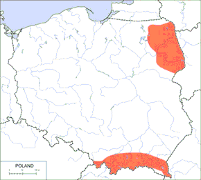 Dzięcioł trójpalczasty - mapa występowania w Polsce