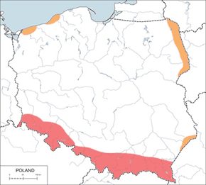Pluszcz zwyczajny - mapa występowania w Polsce