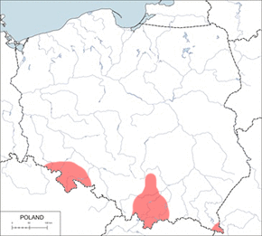 Nocek orzęsiony - mapa występowania w Polsce