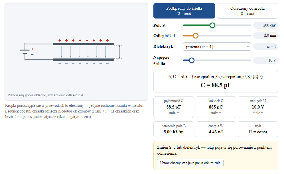 Symulacja — Od czego zależy pojemność kondensatora? - Medianauka.pl — symulacja interaktywna