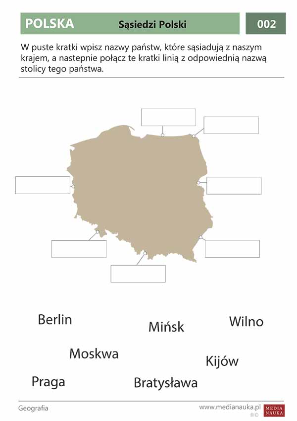 Sąsiedzi Polski Mapa Do Druku Karta pracy - Sąsiedzi Polski i ich stolice - medianauka.pl