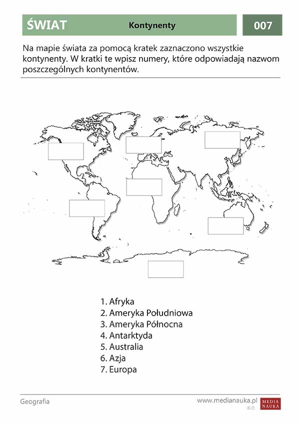 Karta pracy Kontynenty świata