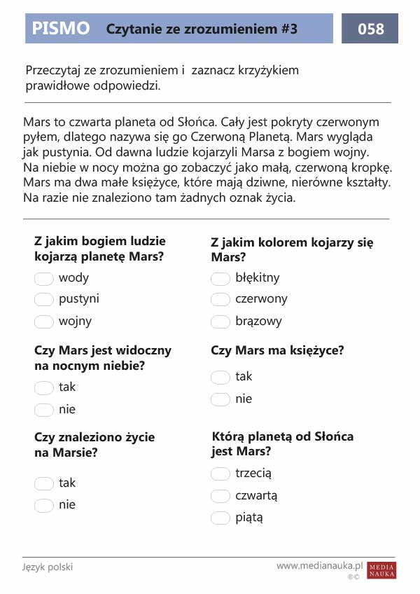 Karta pracy Czytanie ze zrozumieniem #3