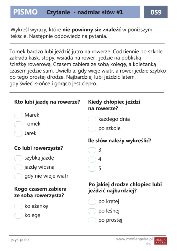 Karta pracy Czytanie ze zrozumieniem - nadmiar słów #1