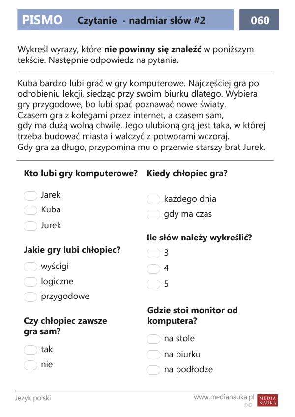 Karta pracy Czytanie ze zrozumieniem - nadmiar słów #2