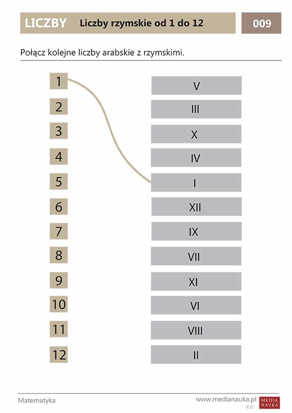 Karta pracy Liczby rzymskie od 1 do 12