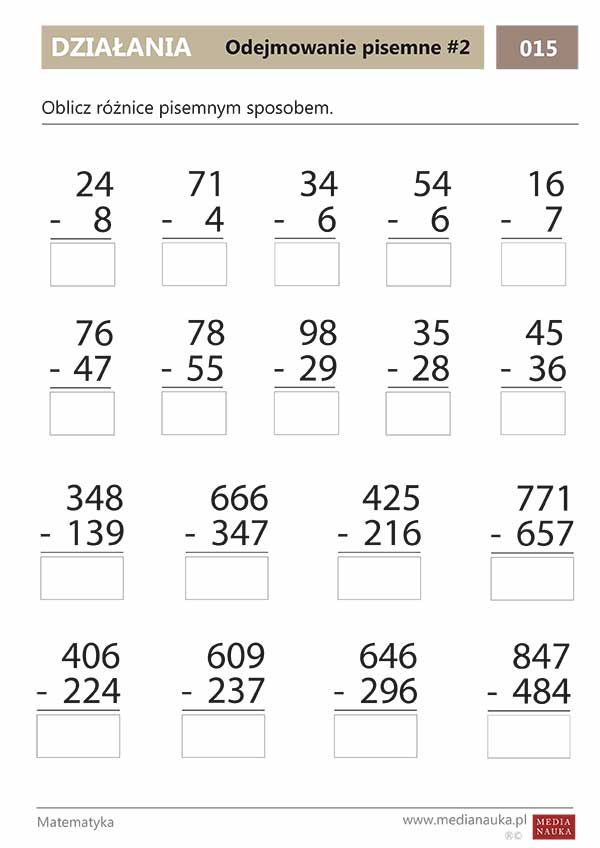 Karta pracy Odejmowanie pisemne #2