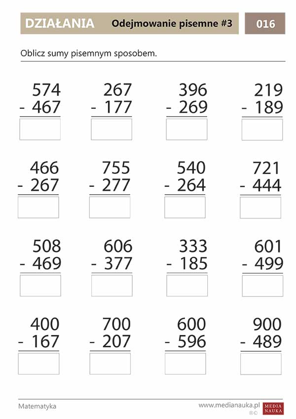 Karta pracy Odejmowanie pisemne #3