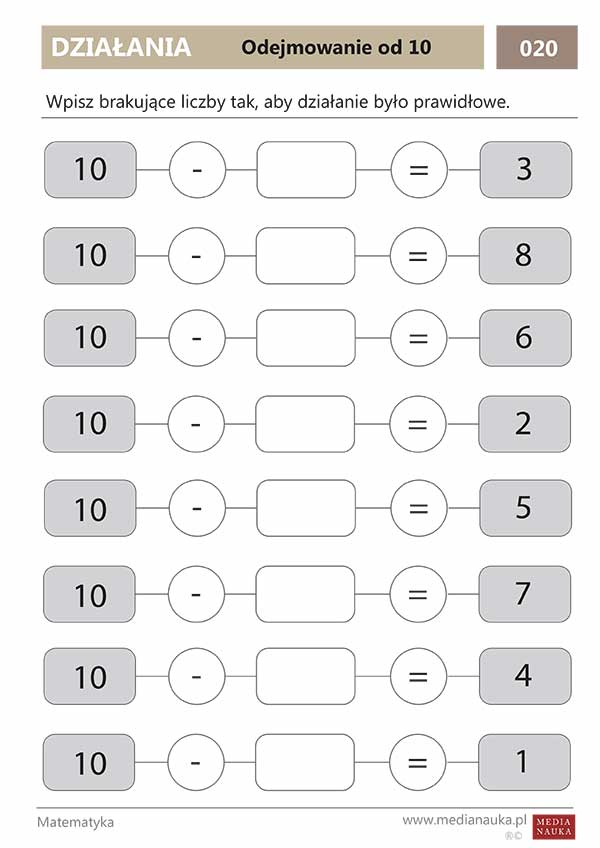 Karta pracy Odejmowanie od 10
