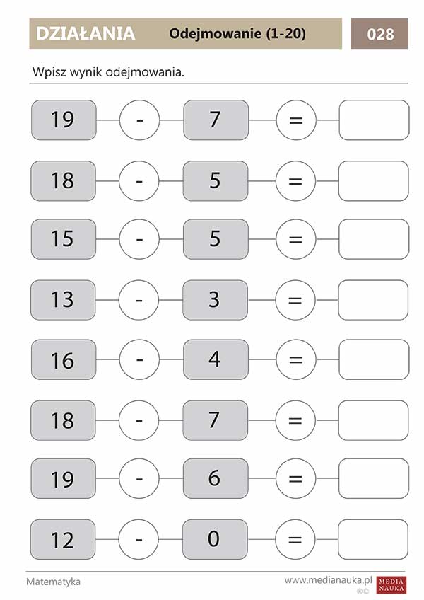 Karta pracy Odejmowanie (1-20)