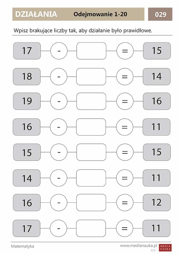 Karta pracy Odejmowanie (1-20) #2
