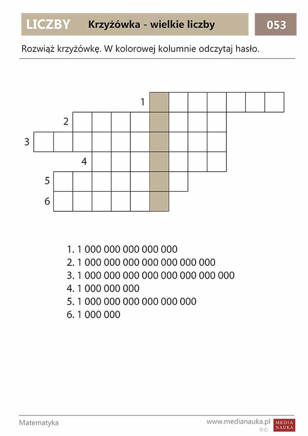 Karta pracy Krzyżówka — wielkie liczby