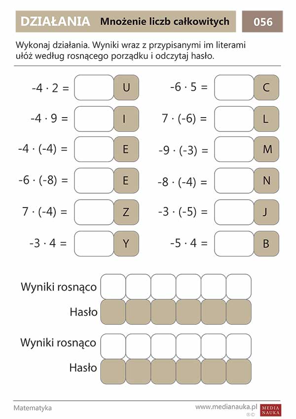 Matematyka Klasa 6 Mnożenie I Dzielenie Liczb Całkowitych Karta pracy nr 56 - Mnożenie liczb całkowitych - medianauka.pl
