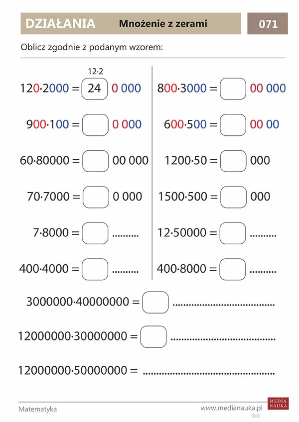 Karta pracy Mnożenie z zerami