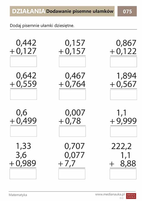 Karta pracy Dodawanie ułamków dziesiętnych