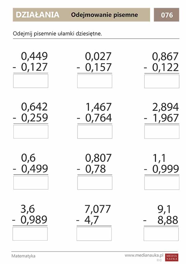 Karta pracy Odejmowanie ułamków dziesiętnych