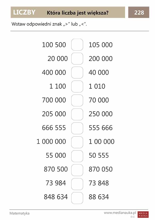 Karta pracy Która liczba jest większa?