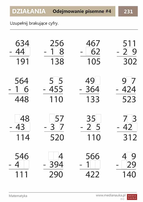 Karta pracy Odejmowanie pisemne #4
