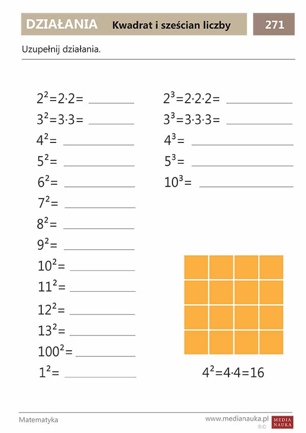 Karta pracy Kwadrat i sześcian liczby
