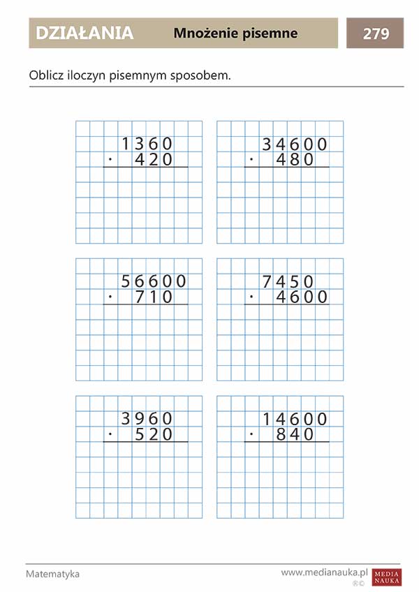 Karta pracy Mnożenie pisemne