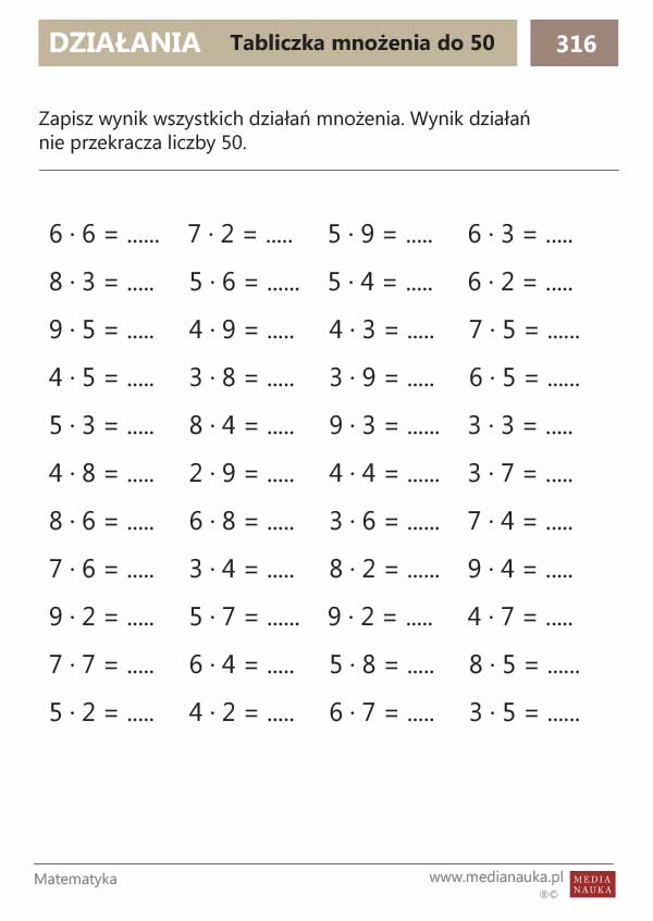 Karta pracy Tabliczka mnożenia do 50