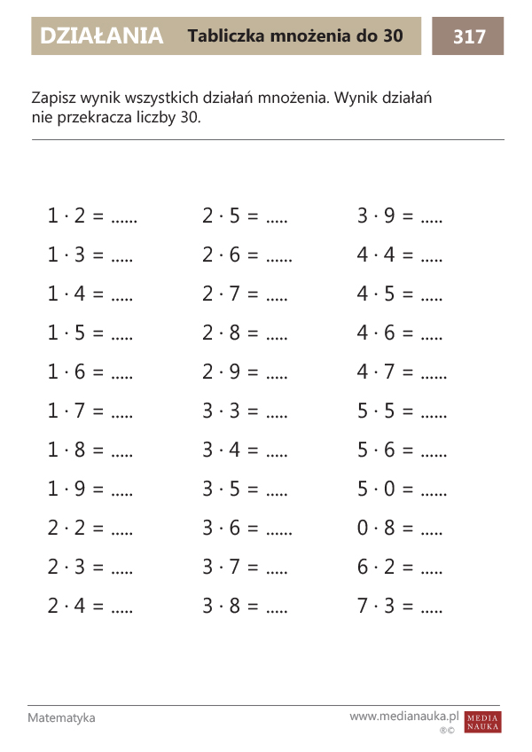 Karta pracy Tabliczka mnożenia do 30