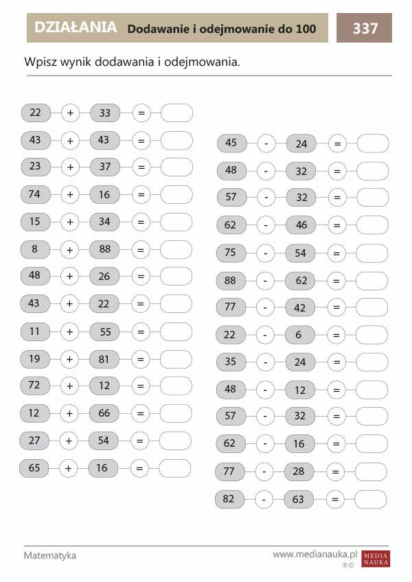 Karta pracy Dodawanie i odejmowanie w zakresie 100.