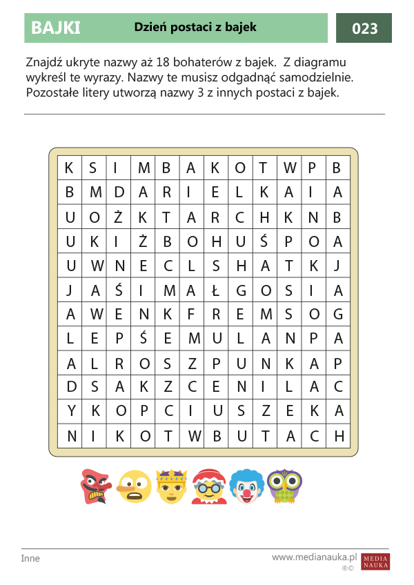 Karta pracy Dzień postaci z bajek