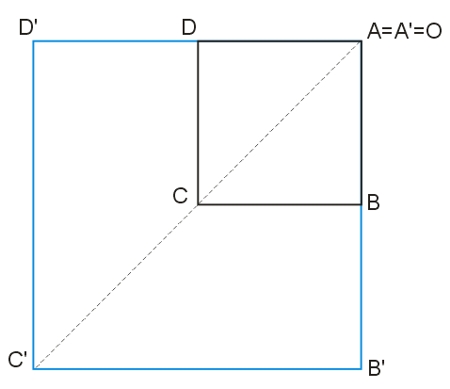 Rozwiązanie graficzne zadania: Znaleźć obraz kwadratu w jednokładności o środku w jednym z wierzchołków tego kwadratu i skali k=2.