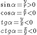 \sin{\alpha}=\frac{y}{r}>0\\\cos{\alpha}=\frac{x}{r}<0\\tg{\alpha}=\frac{y}{x}<0\\ctg{\alpha}=\frac{x}{y}<0