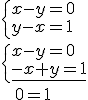 \begin{cases} x-y=0\\y-x=1 \end{cases}\\{\begin{cases}x-y=0\\\underline{-x+y=1}\end{cases}}\\{\quad \quad 0=1}