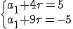 \begin{cases}a_1+4r=5\\a_1+9r=-5\end{cases}