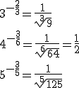 3^{-\frac{2}{3}}=\frac{1}{\sqrt[3]{9}}\\4^{-\frac{3}{6}}=\frac{1}{\sqrt[6]{64}}=\frac{1}{2}\\5^{-\frac{3}{5}}=\frac{1}{\sqrt[5]{125}}