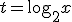 t=\log_{2}{x}