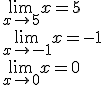 \lim_{x\to 5}{x}=5\\ \lim_{x\to -1}{x}=-1\\ \lim_{x\to 0}{x}=0