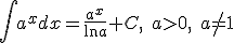 \int{a^xdx}=\frac{a^x}{\ln{a}}+C,\quad{}a>0,\quad{}a\neq{1}