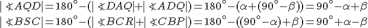 |\angle AQD|=180^{\circ}-(|\angle DAQ|+|\angle ADQ|)=180^{\circ}-(\alpha+(90^{\circ}-\beta))=90^{\circ}-\alpha+\beta\\|\angle BSC|=180^{\circ}-(|\angle BCR|+|\angle CBP|)=180^{\circ}-((90^{\circ}-\alpha)+\beta)=90^{\circ}+\alpha-\beta