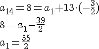 a_{14}=8=a_1+13\cdot (-\frac{3}{2})\\ 8 = a_1-\frac{39}{2}\\a_1=\frac{55}{2}