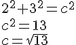 2^2+3^2=x^2 \\ x^2=13 \\ x=\sqrt{13}