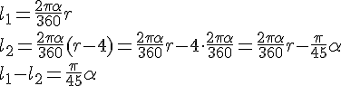 l_1=\frac{2\pi \alpha}{360}r\\l_2=\frac{2\pi \alpha}{360}(r-4)=\frac{2\pi \alpha}{360}r-4\cdot \frac{2\pi \alpha}{360}=\frac{2\pi \alpha}{360}r-\frac{\pi}{45}\alpha\\ l_1-l_2=\frac{\pi}{45}\alpha