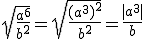\sqrt{\frac{a^6}{b^2}}=\sqrt{\frac{(a^3)^2}{b^2}}=\frac{|a^3|}{b}