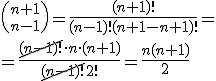 {n+1\choose n-1}=\frac{(n+1)!}{(n-1)!(n+1-n+1)!}=\\ =\frac{\cancel{(n-1)!}\cdot n\cdot (n+1)}{\cancel{(n-1)!}2!}=\frac{n(n+1)}{2}