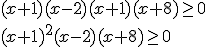 (x+1)(x-2)(x+1)(x+8)\geq 0 \\ (x+1)^2(x-2)(x+8)\geq 0