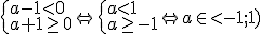 \begin{cases} a-1<0\\ a+1\geq 0\end{cases} \Leftrightarrow \begin{cases} a<1\\ a\geq -1\end{cases} \Leftrightarrow a\in <-1;1)