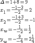\Delta=1+8=9 \\ x_1=\frac{-1-3}{-2}=2 \\ x_2=\frac{-1+3}{-2}=-1\\ x_w=-\frac{1}{-2}=\frac{1}{2} \\ y_w=-\frac{9}{-4}=2\frac{1}{4}