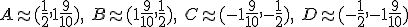 A\appr (\frac{1}{2}, 1\frac{9}{10}), \ B\appr (1\frac{9}{10}, \frac{1}{2}), \ C\appr (-1\frac{9}{10},-\frac{1}{2}), \ D\appr (-\frac{1}{2}, -1\frac{9}{10})