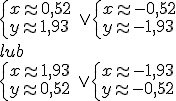 \begin{cases}x\appr 0,52\\ y\appr1,93 \end{cases}\ \vee \begin{cases}x\appr -0,52\\ y\appr -1,93 \end{cases} \\ lub \\ \begin{cases}x\appr 1,93 \\ y\appr 0,52 \end{cases}\ \vee \begin{cases}x\appr-1,93\\ y\appr -0,52 \end{cases}