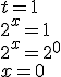 t=1 \\ 2^x=1 \\ 2^x=2^0 \\ x=0