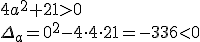 4a^2+21>0\\ \Delta_a=0^2-4\cdot 4\cdot 21=-336<0